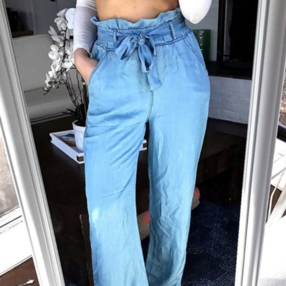 High Rise Belted Paperbag Wide Leg Trousers Pants - Picture 3 of 8